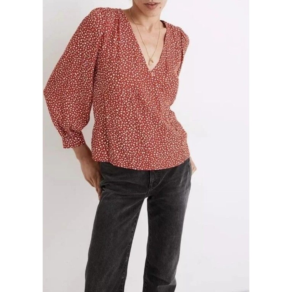 Madewell Kingston 2X Side Button Park Picnic Wrap Red Relaxed Top Long Sleeves